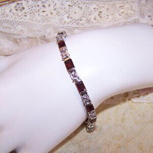 FAS Sterling Silver Garnet Diamond Tennis Bracelet - 7.25" Wearable Length